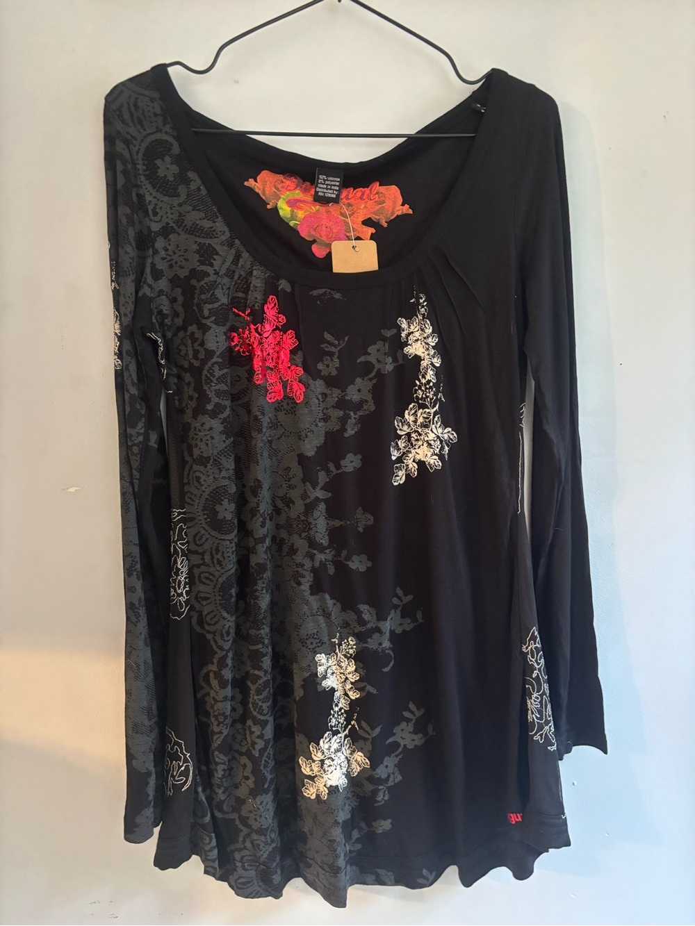 Desigual Black Floral-Print Long-Sleeve Mini Dress with Red Accents